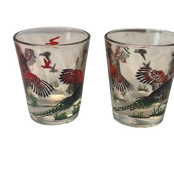 Vintage 2 Hazel Atlas Pheasant Shot Glasses Barware Hunting Lodge Man Cave MCM - Picture 4 of 8